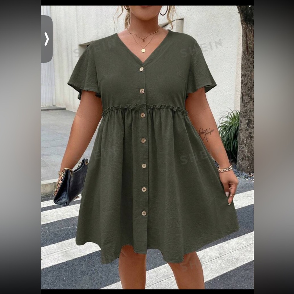 NWOT- SHEIN Frenchy Plus Button Front Frill Trim Smock Dress